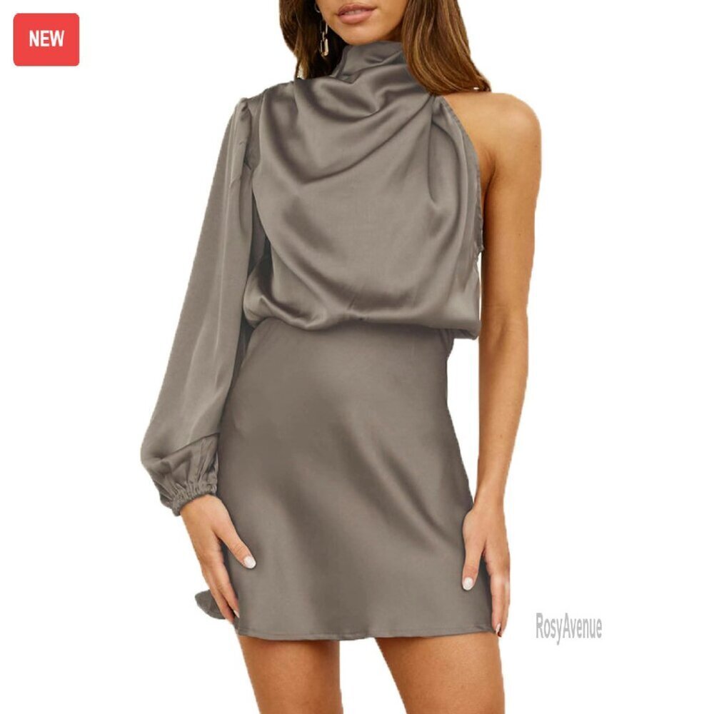 Long Sleeve One Shoulder Mini Dress Satin Cocktail Party Back Cutout